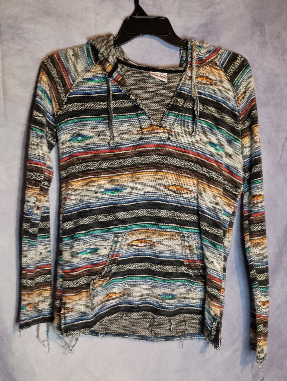 Ron‎ Jon Surf Shop Baja Hoodie Mexican Blanket Pullover Distressed Fringe Hoodie